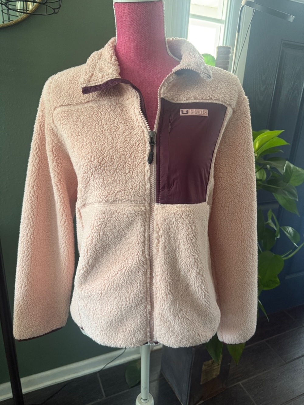 Huk Women's Pink Teddy Sherpa Jacket with Burgundy Chest Pocket